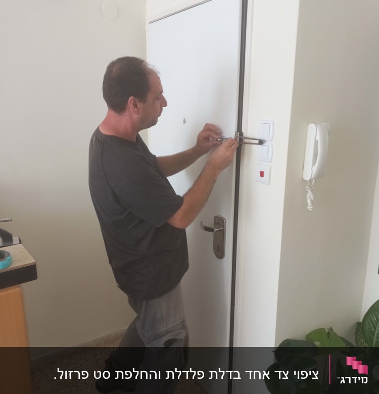 אדם מתקין מנעול על דלת לבנה
